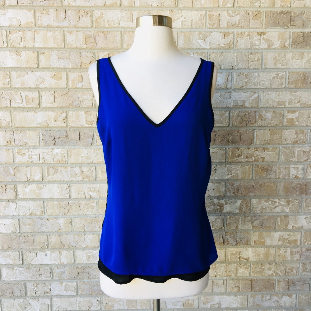 Cache Cobolt Blue V-Neck Sleeveless Lined Blouse with Black Trim